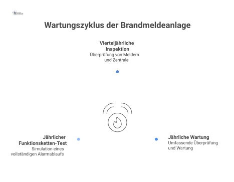 Infografik zum Wartungszyklus einer Brandmeldeanlage, die vierteljährliche Inspektionen, jährliche Wartungen und einen jährlichen End-to-End-Funktionstest darstellt. 