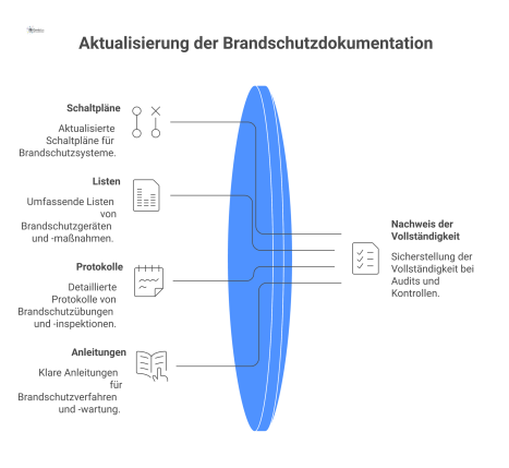 Flussdiagramm, das den Prozess der Dokumentationsaktualisierung zeigt, bei dem vier Dokumententypen in einen zentralen Speicherort fließen. 