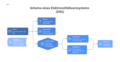 Schematisches Diagramm eines Elektronotfallwarnsystems, das den Signalfluss im Normalbetrieb und im Notfall zwischen den Komponenten wie Zentrale und Lautsprecher zeigt. 