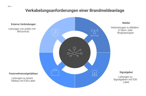 Infografik zur Verkabelung einer Brandmeldeanlage, die eine zentrale BMZ mit Verbindungen zu Meldern, Signalgebern und einem Feuerwehranzeigetableau zeigt. 