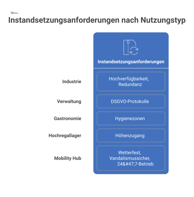 Infografik, die fünf Nutzungstypen wie Industrie oder Gastronomie mit ihren spezifischen Instandsetzungsanforderungen und entsprechenden Icons gegenüberstellt. 