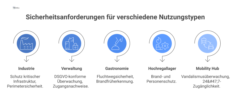 Diagramm, das Sicherheitsanforderungen für fünf Nutzungstypen visualisiert: Industrie, Verwaltung, Gastronomie, Hochregallager und Mobility Hub mit ihren jeweiligen Anforderungen. 