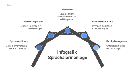 Infografik einer Sprachalarmanlage mit Darstellung der Systemarchitektur, Beschallungszonen, Alarmarten und Integration in das Brandschutzkonzept. 
