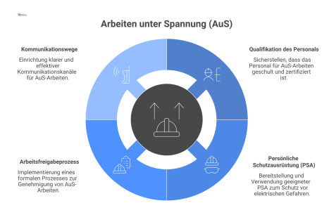  Infografik, die eine Arbeitsanweisung für Arbeiten unter Spannung zeigt, mit Pfeilen zu den vier Kernanforderungen: Qualifikation, PSA, Arbeitsfreigabe, Kommunikation.