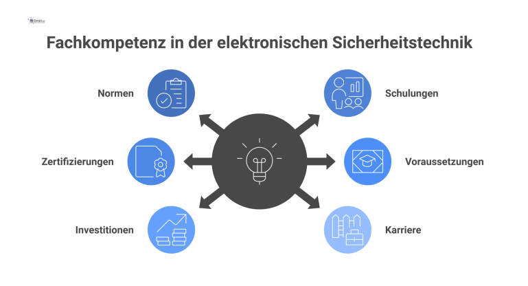  Eine Mindmap zur Fachkompetenz in der elektronischen Sicherheitstechnik mit sechs Hauptästen: Normen, Schulungen, Zertifizierungen, Voraussetzungen, Investitionen und Karriere. 