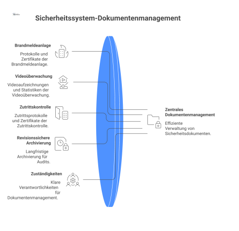 Infografik eines zentralen Dokumentenmanagementsystems, das Daten von Sicherheitssystemen wie Brandmeldeanlagen sammelt und revisionssicher für Audits archiviert.
