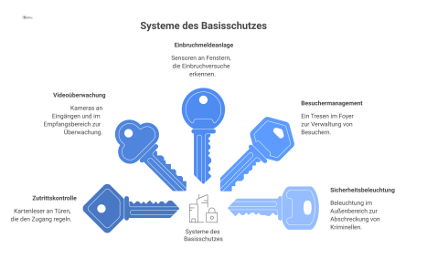  Infografik eines Bürogebäudes mit Systemen des Basisschutzes: Zutrittskontrolle, Videoüberwachung, Einbruchmeldeanlage, Besuchermanagement und Sicherheitsbeleuchtung.