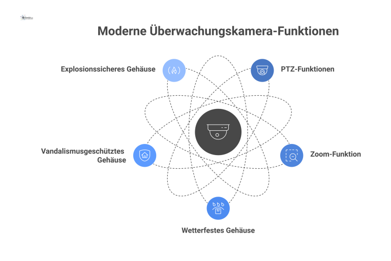 Infografik einer modernen Überwachungskamera Infografik einer Dome-Kamera mit Schwenk-, Neige- und Zoom-Funktion, umgeben von Piktogrammen für wetterfeste und robuste Gehäuse.