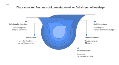 Technisches Diagramm einer Gefahrenmeldeanlage zur Bestandsdokumentation, das Blockschaltbilder, Melderpläne, Zonenzuordnung und eine Schnittstellenübersicht visualisiert. 
