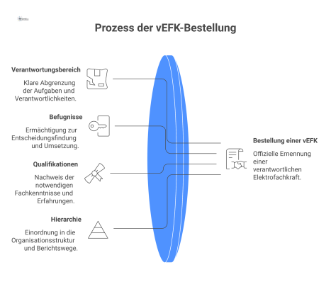  Infografik zur Bestellung einer Verantwortlichen Elektrofachkraft (vEFK), die die Pflichtinhalte des Dokuments wie Verantwortungsbereich, Befugnisse und Hierarchie visualisiert. 