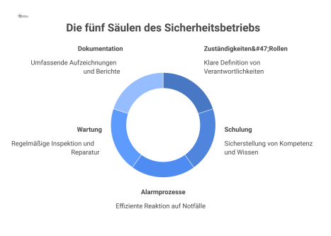 Diagramm der fünf Säulen des Sicherheitsbetriebs mit den Blöcken Zuständigkeiten, Schulung, Alarmprozesse, Wartung und Dokumentation um ein zentrales Element.