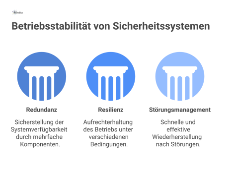Infografik zur Betriebsstabilität mit den drei Säulen Redundanz, Resilienz und Störungsmanagement, die auf der Systemarchitektur basieren.