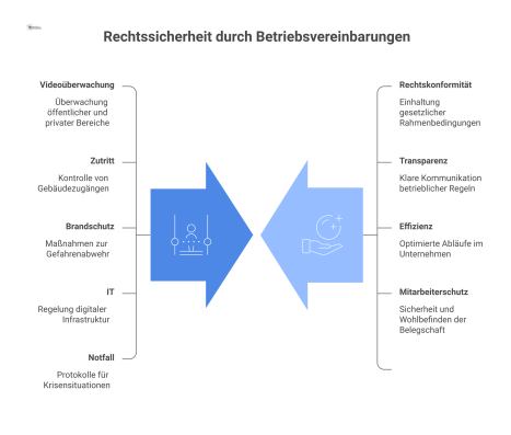 Infografik mit zentraler Betriebsvereinbarung, die geregelte Bereiche wie IT und Brandschutz mit Vorteilen wie Rechtskonformität und Transparenz verbindet. 