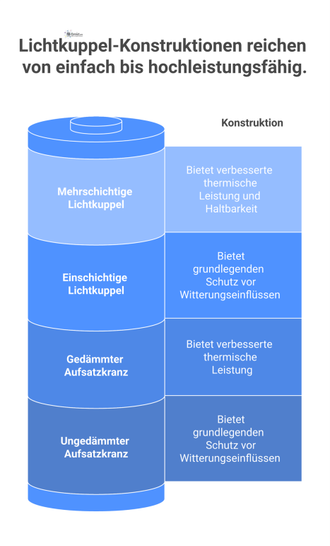Technischer Querschnitt einer Lichtkuppel-Konstruktion auf einem Flachdach mit Details zum schichtweisen Aufbau, Varianten des Aufsatzkranzes und wasserdichtem Anschluss.