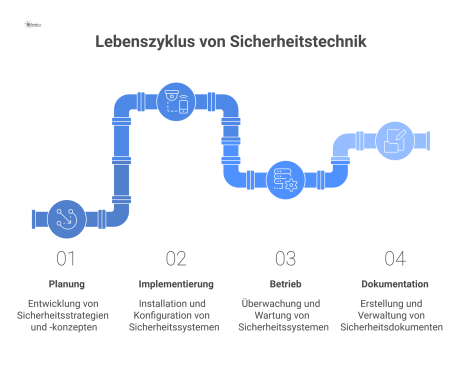 Infografik, die den Lebenszyklus von Sicherheitstechnik als Prozess mit den Phasen Planung, Implementierung und Betrieb sowie Dokumenttypen als Meilensteine darstellt. 