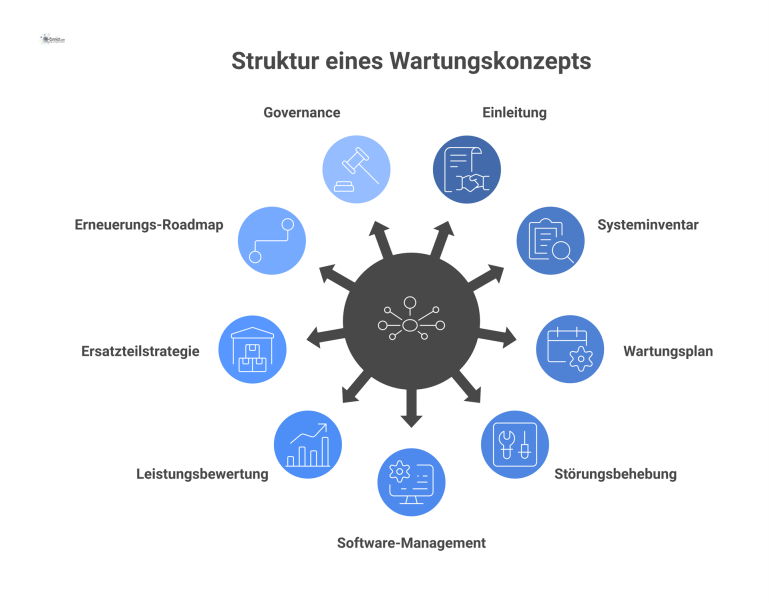 Struktur eines Wartungskonzepts für Sicherheitstechnik Infografik, die die Struktur eines Wartungskonzepts für Sicherheitstechnik mit seinen neun Kernkomponenten wie Systeminventar, Wartungsplan und Governance darstellt.