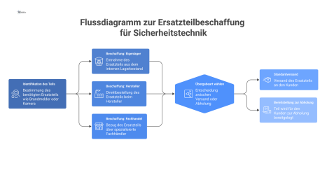 Flussdiagramm zum Prozess der Ersatzteilbeschaffung, von der Identifikation eines Teils über drei Beschaffungsquellen bis zur abschließenden Lieferung.
