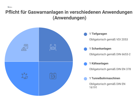 Übersichtsschaubild zur Pflicht von Gaswarnanlagen in Tiefgaragen, Schankanlagen, Kälteanlagen und Tunnelbohrmaschinen mit den zugehörigen Vorschriften. 