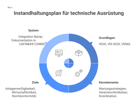 Diagramm zum Instandhaltungsplan für technische Ausrüstung mit den vier Bereichen Grundlagen, Kernelemente, Ziele und Systemintegration.