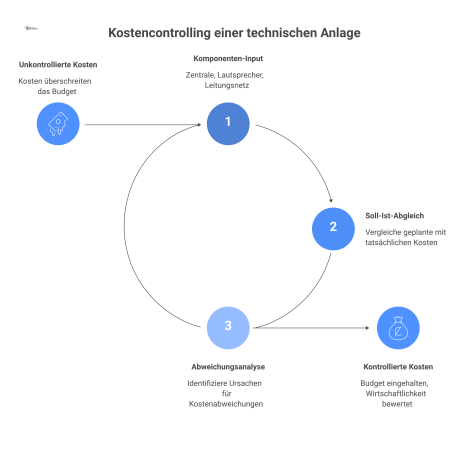 Infografik als Flussdiagramm zum Kostencontrolling einer Sprachalarmanlage. Der Prozess zeigt von den Komponenten über den Soll-Ist-Abgleich bis zur Wirtschaftlichkeitsbewertung.
