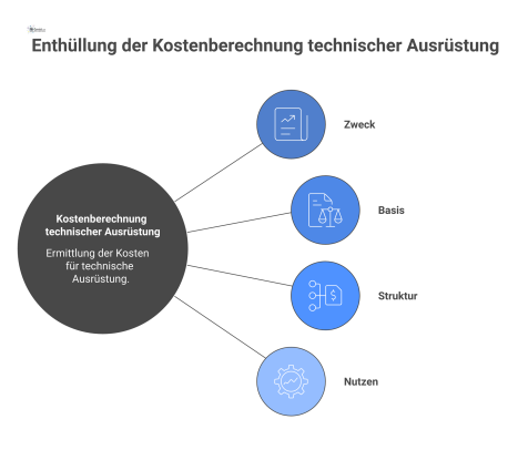Mind-Map zur Kostenberechnung technischer Ausrüstung mit den vier Hauptknoten Zweck, Basis, Struktur und Nutzen der detaillierten Investitionskostenermittlung. 