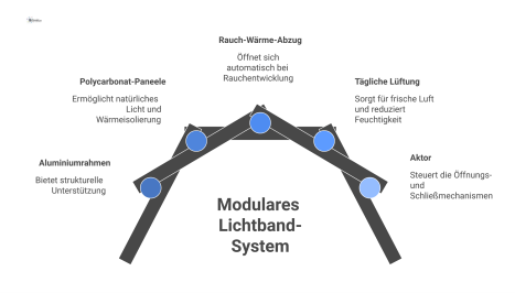 Technische Infografik eines modularen Lichtband-Systems auf einem Flachdach mit einem geöffneten Segment, das Mechanik und Luftstrom visualisiert. 