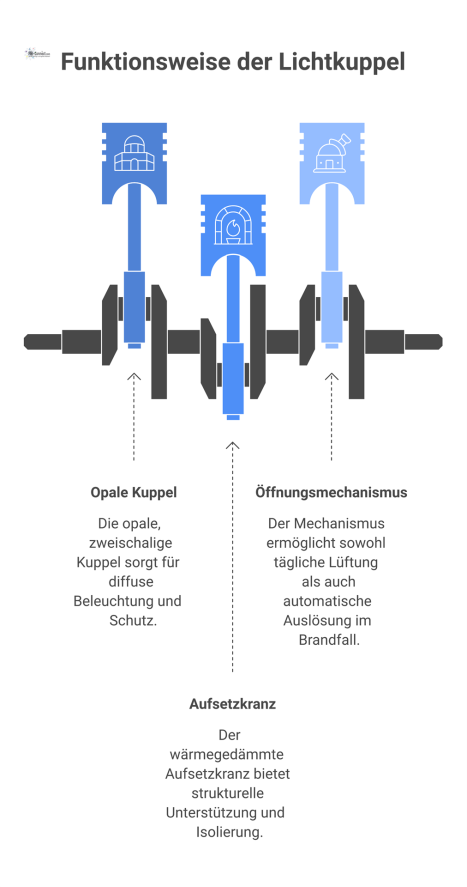  Technischer Querschnitt einer Lichtkuppel als Rauchabzug, der die zweischalige Kuppel, den Aufsetzkranz und den Öffnungsmechanismus darstellt. 