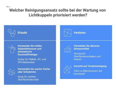 Ein Do's & Don'ts-Diagramm zur Reinigung von Lichtkuppelschalen. Erlaubt sind Spülmittelwasser und weiche Tücher. Verboten sind Scheuermittel und trockene Reinigung. 