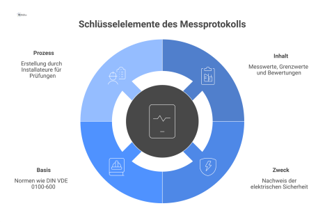 Infografik, die das Messprotokoll für elektrische Systeme mit seinen Schlüsselelementen wie Inhalt, Zweck, Basis und Prozess visuell darstellt.
