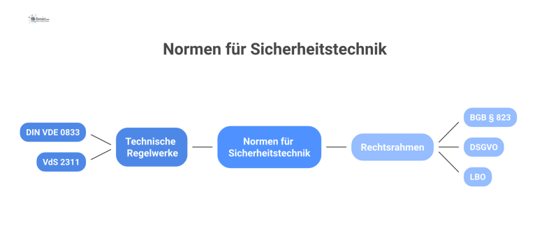 Mindmap zum Thema Normen für Sicherheitstechnik mit den Hauptästen Technische Regelwerke und Rechtsrahmen sowie deren jeweiligen Beispielen.