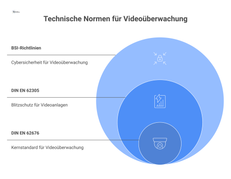 Infografik zu technischen Normen für Videoüberwachung mit der zentralen DIN EN 62676, umgeben von Blitzschutz und Cybersicherheitsrichtlinien. 