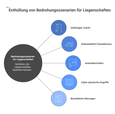 Eine Mindmap zu Bedrohungsszenarien für Liegenschaften mit fünf Hauptkategorien: Unbefugter Zutritt, Diebstahl, Innentäter, Cyber-Angriffe und Betriebliche Störungen.