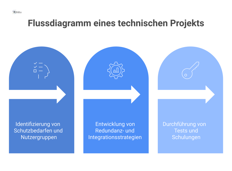 Flussdiagramm eines 3-stufigen technischen Projekts: Bedarfsklärung mit Checkliste, Planung mit Zahnrad und Inbetriebnahme mit Schlüssel als Icons.