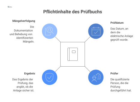 Infografik zum Prüfbuch für elektrische Anlagen mit seinen Pflichtinhalten: Prüfdatum, Prüfer, Ergebnis, Mängelverfolgung und den Begriffen DGUV V3. 
