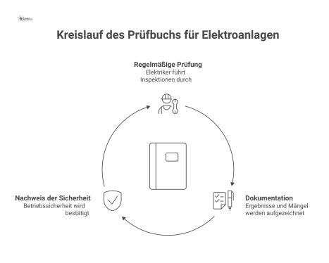 Infografik, die den Kreislauf des Prüfbuchs für elektrische Anlagen zeigt: regelmäßige Prüfung, Dokumentation von Mängeln und Nachweis der Betriebssicherheit.