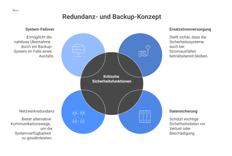 Infografik eines Redundanzkonzepts, das kritische Sicherheitsfunktionen im Zentrum zeigt, geschützt durch Ersatzstromversorgung, Datensicherung, Netzwerkredundanz und System-Failover. 