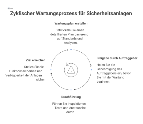 Ein zyklisches Prozessdiagramm zur Wartung von Sicherheitsanlagen. Es zeigt die Schritte von der Planung und Freigabe bis zur Durchführung.
