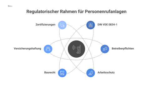 Infografik, die die Hauptnorm DIN VDE 0834-1 für Personenrufanlagen im Zentrum zeigt, verbunden mit Betreiberpflichten, Arbeitsschutz, Baurecht und Versicherungshaftung.