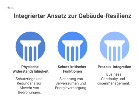 Infografik-Diagramm, das den integrierten Ansatz zur Gebäude-Resilienz mit drei Säulen darstellt: Physische Widerstandsfähigkeit, Schutz kritischer Funktionen und Prozess-Integration. 