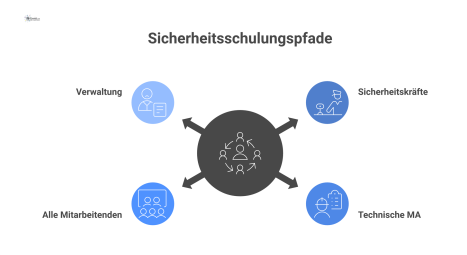 Ein Hub-and-Spoke-Diagramm, das vom Zentrum 'Sicherheitsschulung' vier Pfade zu den Zielgruppen Sicherheitskräfte, technische MA, alle Mitarbeitenden und Verwaltung aufzeigt. 