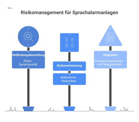 Infografik zum Risikomanagement für Sprachalarmanlagen, die den Prozess von der Gefährdungsbeurteilung über Risikominimierung durch Redundanz bis zum Evakuierungskonzept darstellt. 