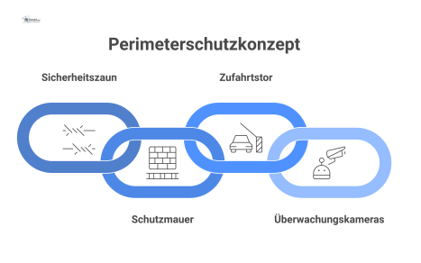 Diagramm eines Perimeterschutzkonzepts, das die Sicherung einer Industrieanlage mit Zaun, Mauer, Zufahrtstor und Überwachungskameras lückenlos darstellt. 