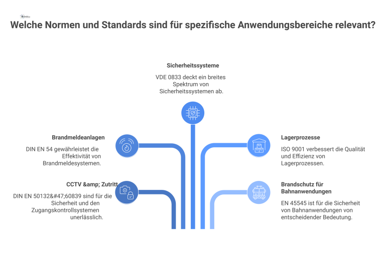  Eine Mindmap, die Normen und Standards mit ihren Anwendungsbereichen wie Brandmeldeanlagen, CCTV, Sicherheitssysteme und Brandschutz für Bahnen verbindet. 
