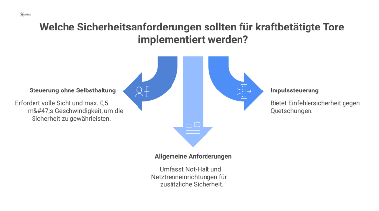 Flussdiagramm Sicherheitsanforderungen für kraftbetätigte Tore Flussdiagramm der Sicherheitsanforderungen für Tore, das die Steuerungstypen Totmann und Impuls sowie allgemeine Anforderungen wie Not-Halt darstellt.