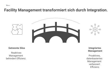 Infografik, die die Transformation im Facility Management von getrennten Silos zu einer integrierten, proaktiven Plattform darstellt. 