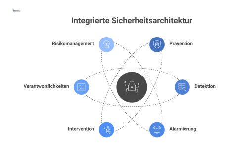 Diagramm einer zentralen Systemarchitektur, die Einzelsysteme zu einem konsistenten Prozess von Prävention bis Intervention verbindet und operative Lücken schließt. 