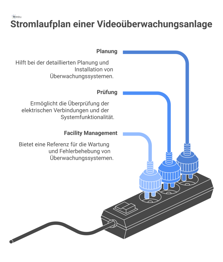Stromlaufplan einer Videoüberwachungsanlage Detaillierter Stromlaufplan als CAD-Zeichnung für eine Videoüberwachungsanlage, der die elektrische Verschaltung mit Spannungsversorgung, Kameras und Steuerkreisen zeigt.