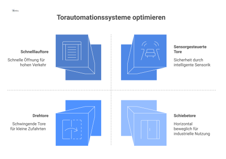 Infografik über vier Typen von Torautomationssystemen: Schiebetore, Drehtore, Schnelllauftore und sensorgesteuerte Tore mit ihren jeweiligen Merkmalen. 