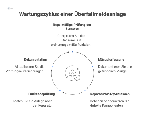 Flussdiagramm des Wartungszyklus einer Überfallmeldeanlage, das die Schritte von der Prüfung über die Reparatur bis zur Dokumentation zeigt.