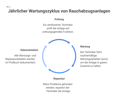  Infografik zum jährlichen Wartungszyklus von Rauchabzugsanlagen mit Piktogrammen für die Schritte Prüfung, Wartung, Reparatur und Dokumentation. 